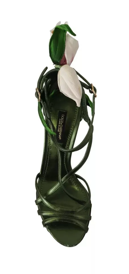 Acid Green Leather Strappy Flower Heels Sandals Shoes