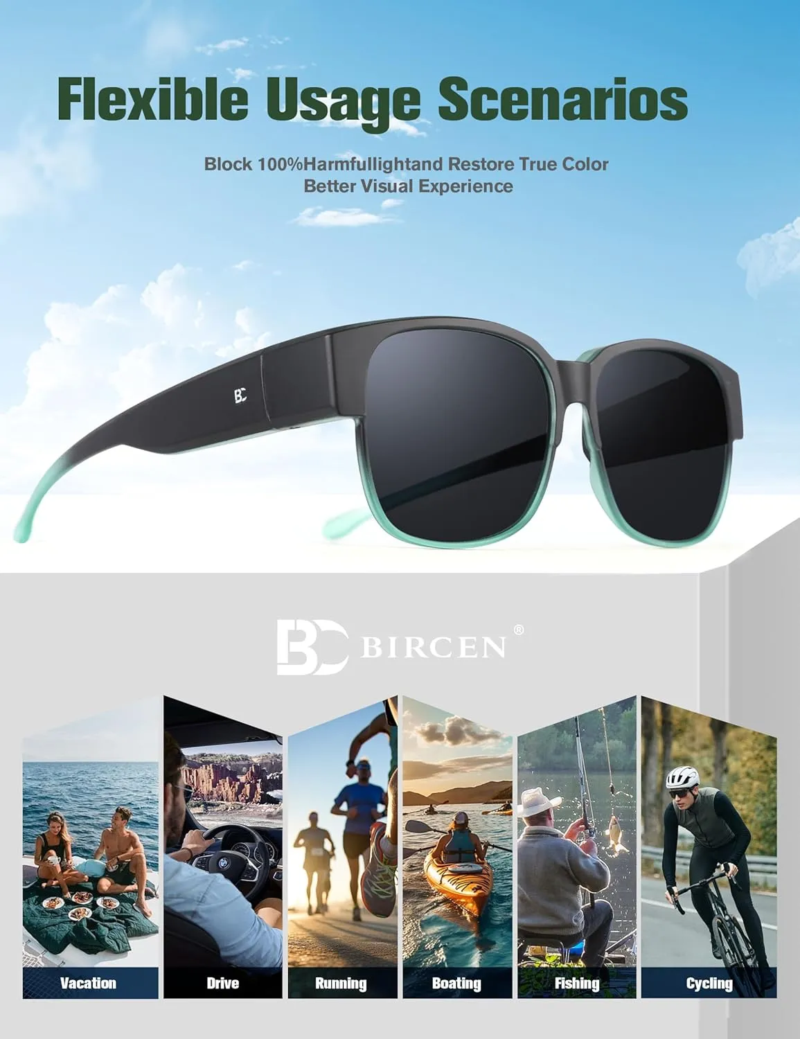 BIRCEN Polarized Fit Over Sunglasses: Wear Over Glasses Sunglasses Wrap Around Fitover Shades for Men Women UV Protection