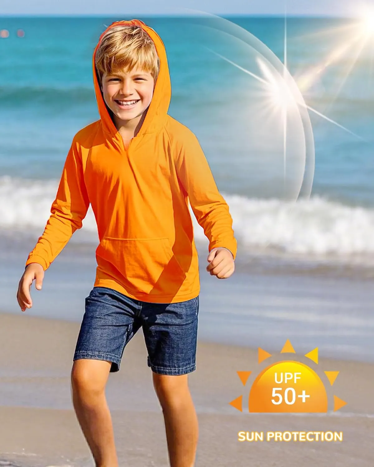 Boys Rash Guard Long Sleeve Hoodie Swim Shirt with Pocket Youth Kids UPF 50  Sun Protection Fishing Shirts Thumb Hole