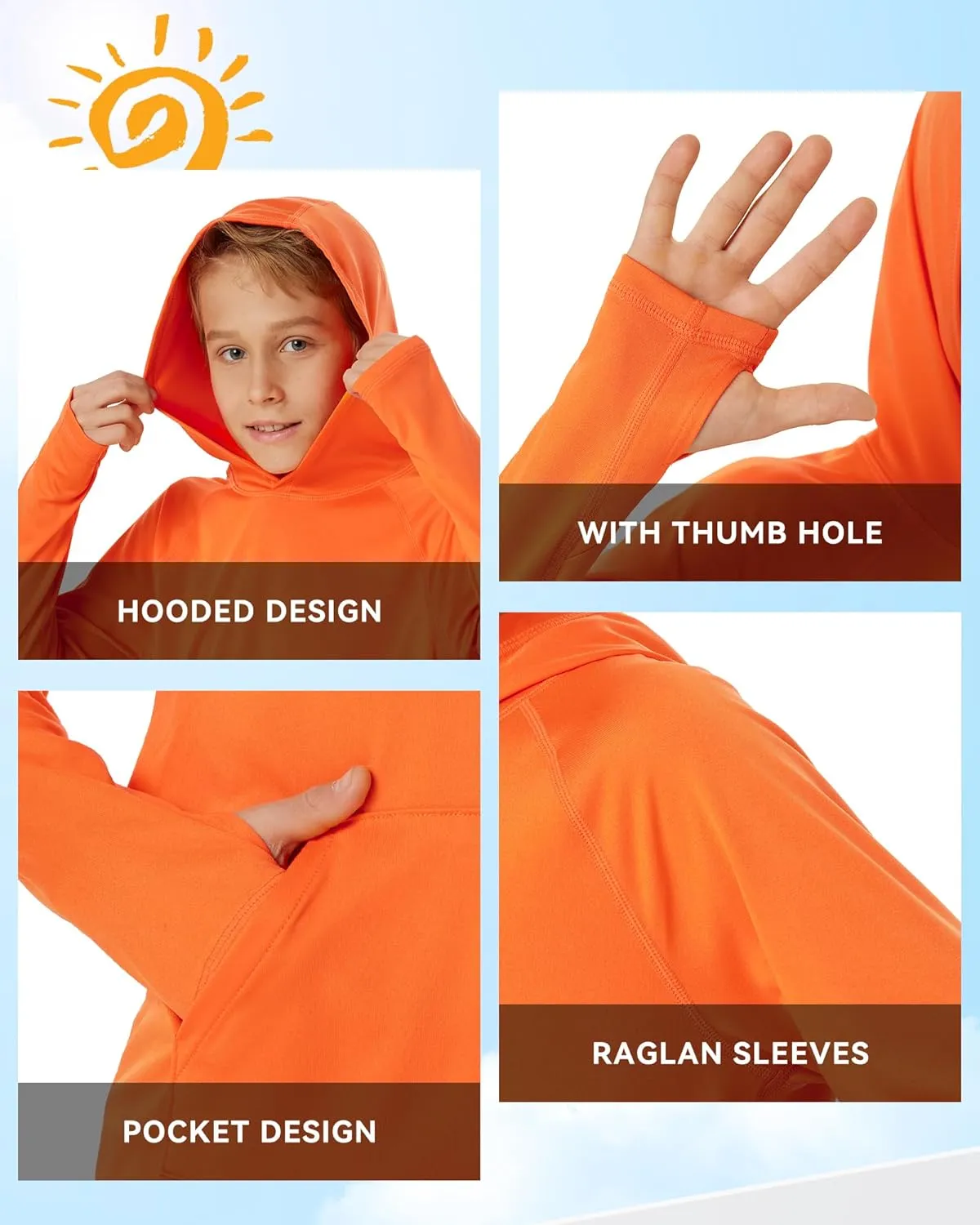 Boys Rash Guard Long Sleeve Hoodie Swim Shirt with Pocket Youth Kids UPF 50  Sun Protection Fishing Shirts Thumb Hole