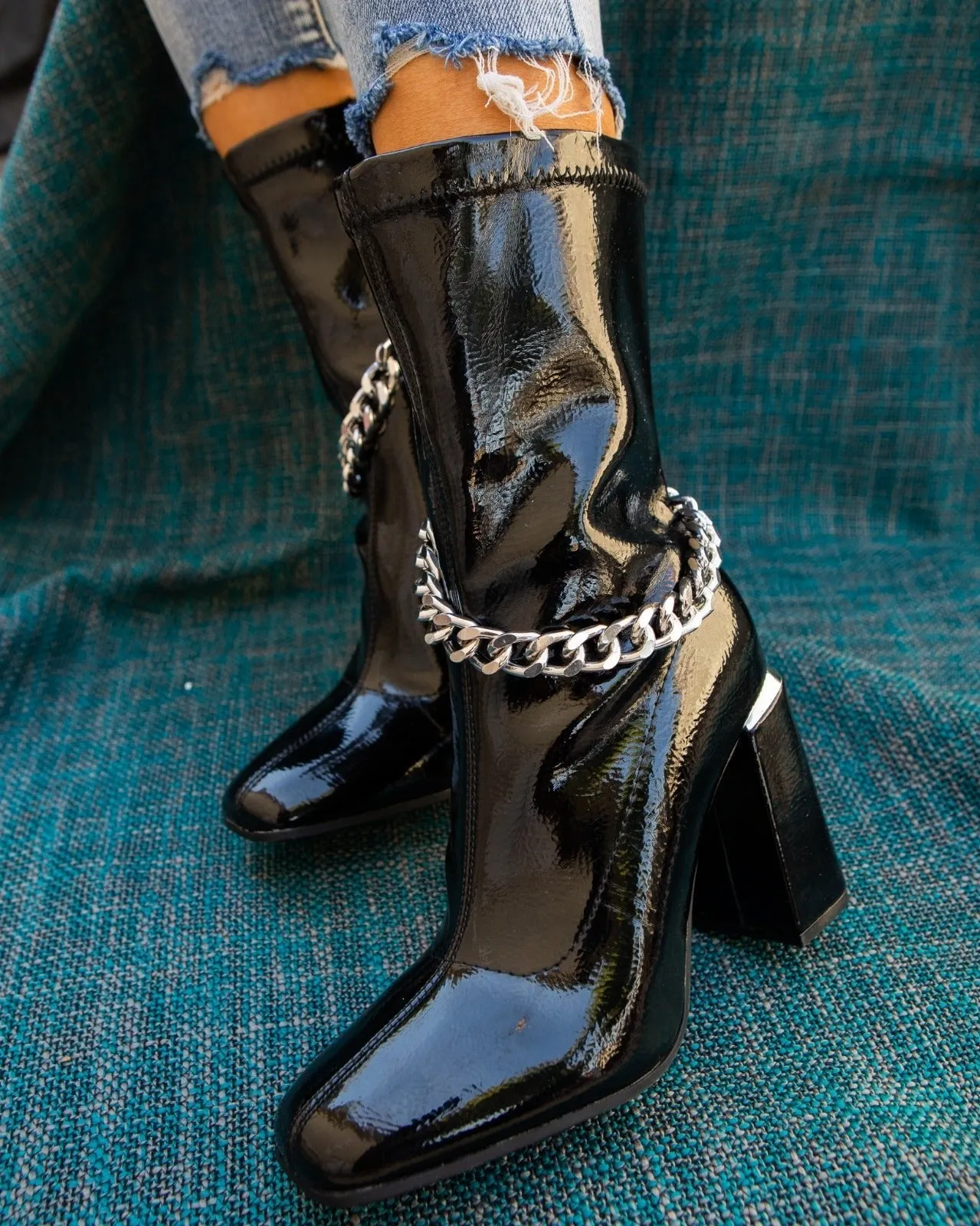 Chunky High heel Ankle boots w chain buckle design Mogul By Mata Shoes