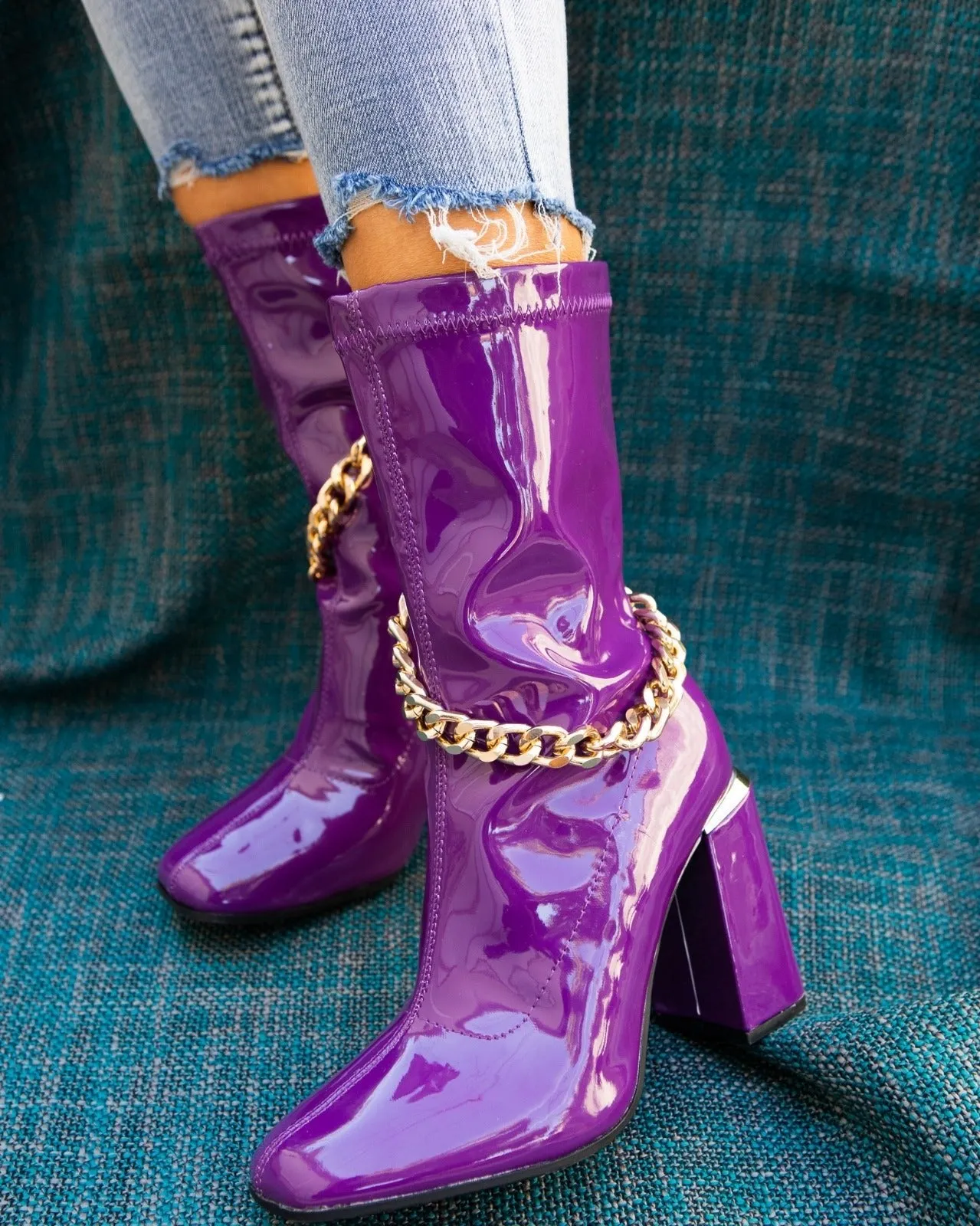 Chunky High heel Ankle boots w chain buckle design Mogul By Mata Shoes