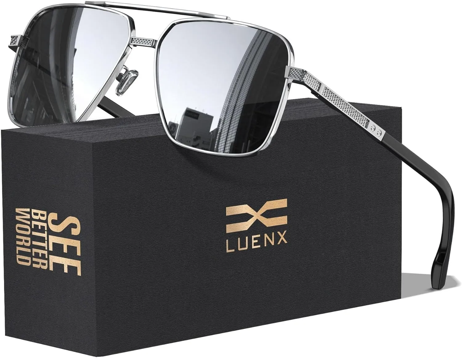 LUENX Polarized Square Aviator Sunglasses for Men,Trendy Retro Oversized Rectangular Frame UV400 Protection