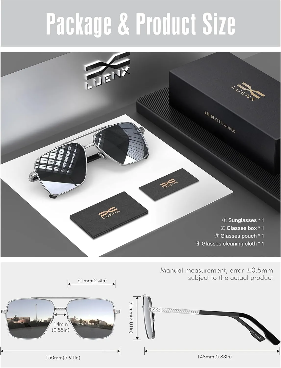 LUENX Polarized Square Aviator Sunglasses for Men,Trendy Retro Oversized Rectangular Frame UV400 Protection