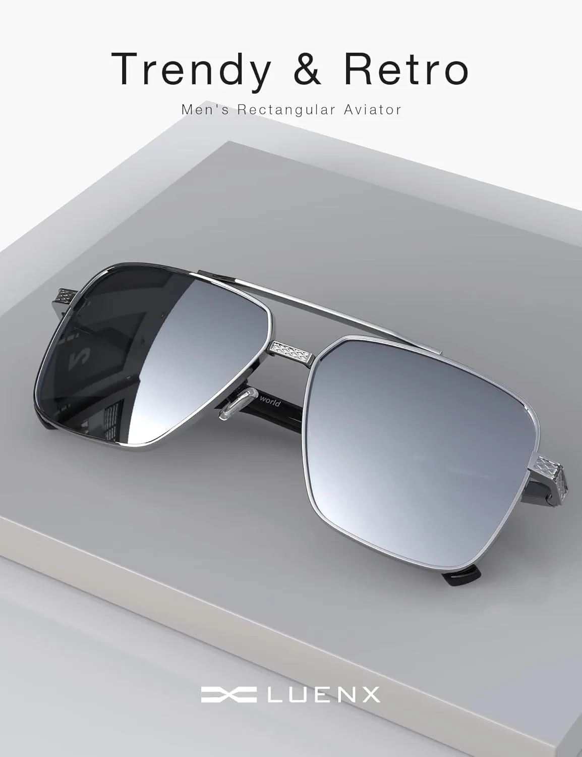 LUENX Polarized Square Aviator Sunglasses for Men,Trendy Retro Oversized Rectangular Frame UV400 Protection