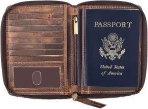 Passport Wallet - Travel Document Holder w/RFID Blocking ?C Full Grain Leather ?C Bifold compact zip around Wallet with Credit Card Slots for Women and Men,distressed brown,500-30