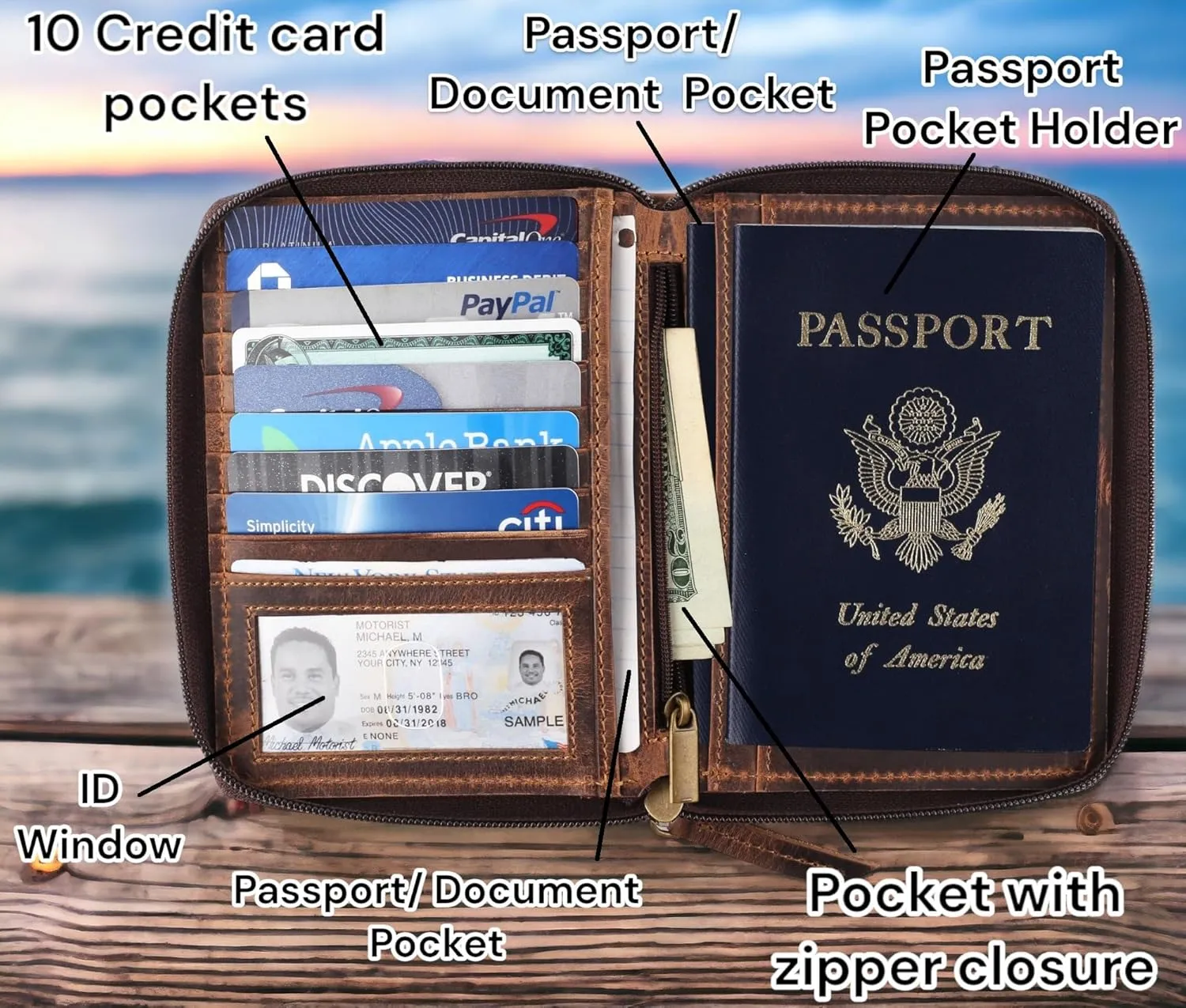 Passport Wallet - Travel Document Holder w/RFID Blocking ?C Full Grain Leather ?C Bifold compact zip around Wallet with Credit Card Slots for Women and Men,distressed brown,500-30