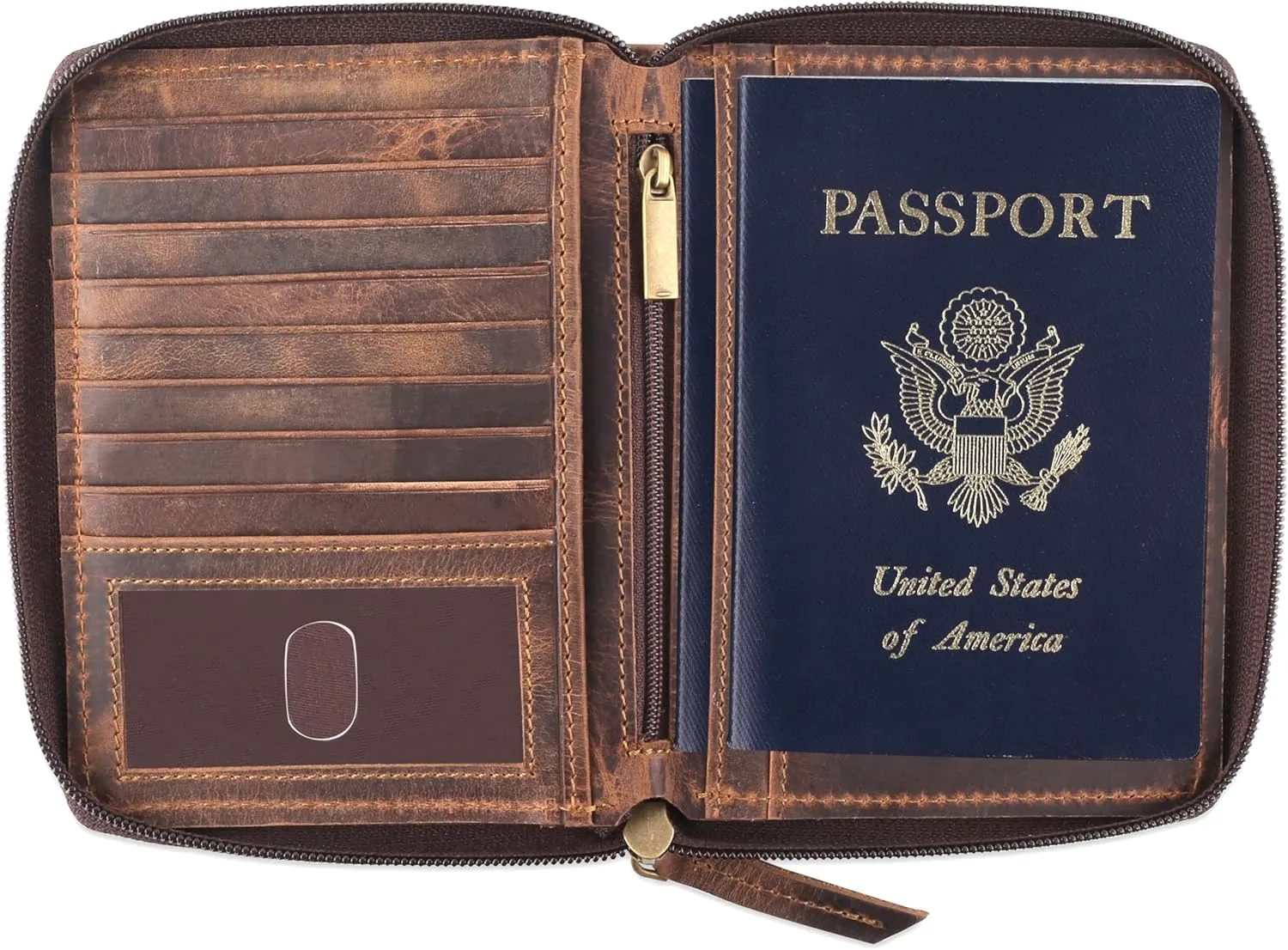 Passport Wallet - Travel Document Holder w/RFID Blocking ?C Full Grain Leather ?C Bifold compact zip around Wallet with Credit Card Slots for Women and Men,distressed brown,500-30