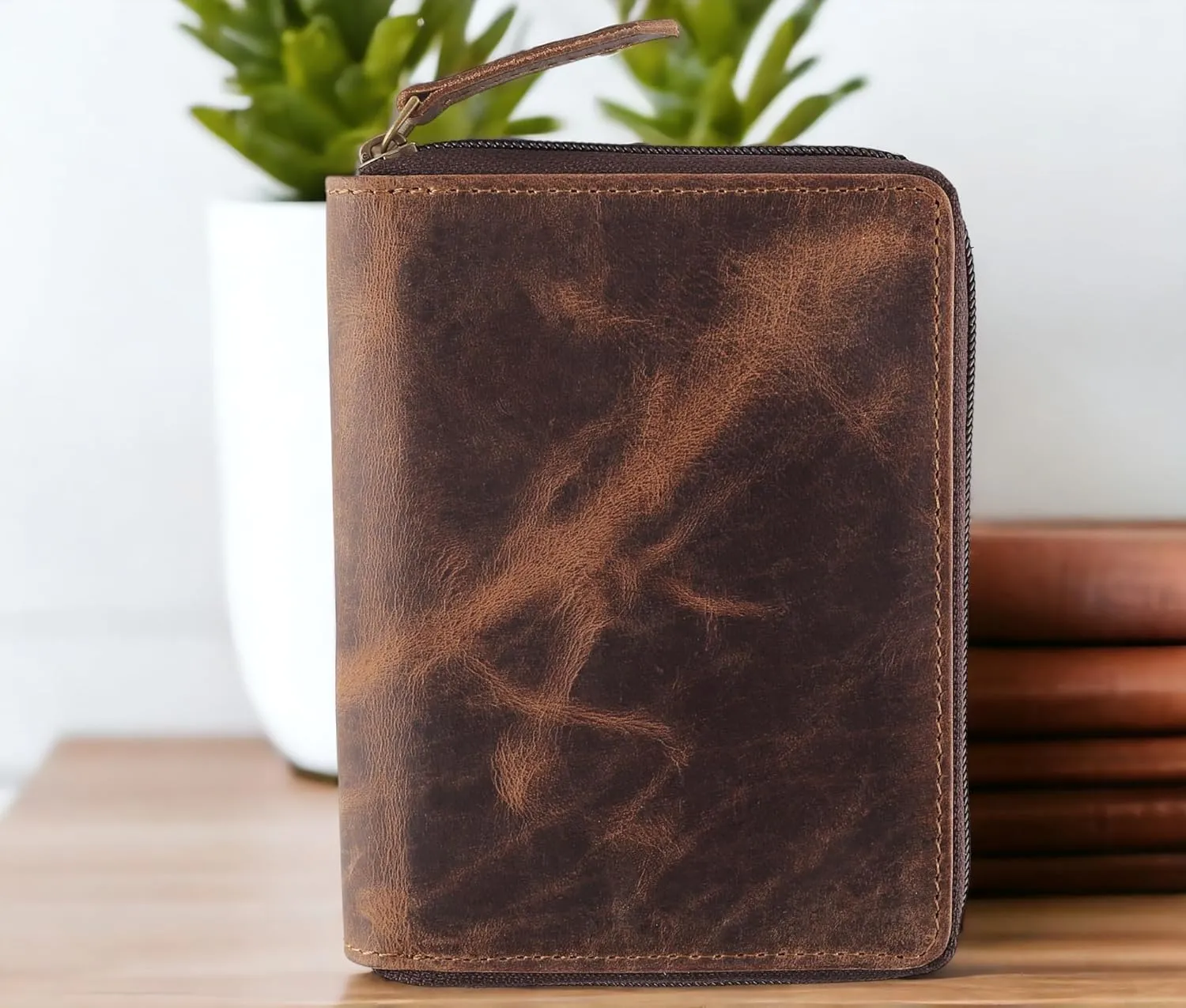 Passport Wallet - Travel Document Holder w/RFID Blocking ?C Full Grain Leather ?C Bifold compact zip around Wallet with Credit Card Slots for Women and Men,distressed brown,500-30