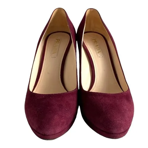 PRADA Burgundy Suede Platform Pumps, Size 39