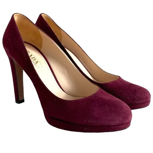 PRADA Burgundy Suede Platform Pumps, Size 39