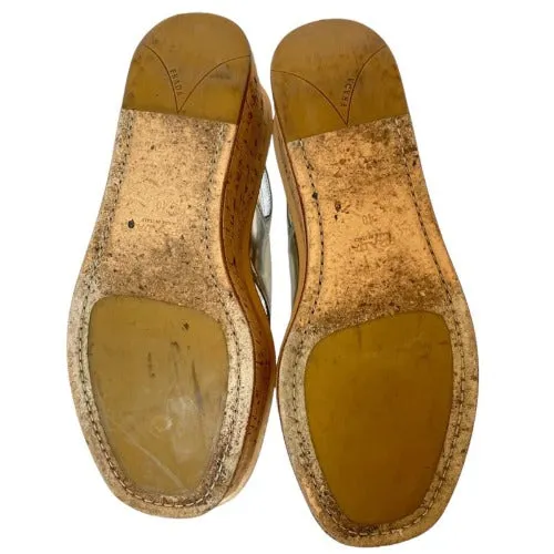 PRADA Silver Crisscross Leather Slingback Flat Cork Wedge Sandals, Size 40
