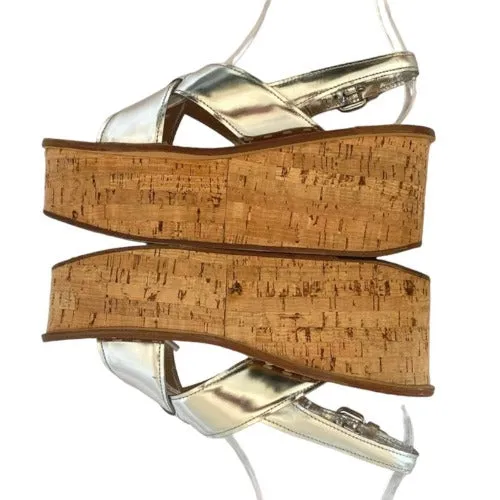 PRADA Silver Crisscross Leather Slingback Flat Cork Wedge Sandals, Size 40