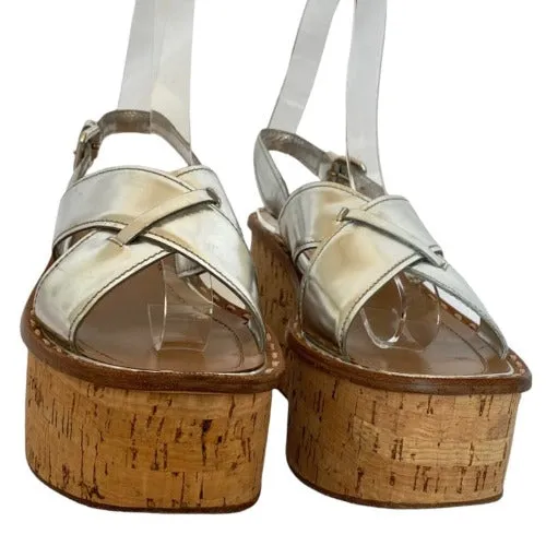 PRADA Silver Crisscross Leather Slingback Flat Cork Wedge Sandals, Size 40