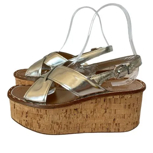 PRADA Silver Crisscross Leather Slingback Flat Cork Wedge Sandals, Size 40