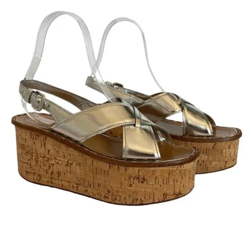 PRADA Silver Crisscross Leather Slingback Flat Cork Wedge Sandals, Size 40