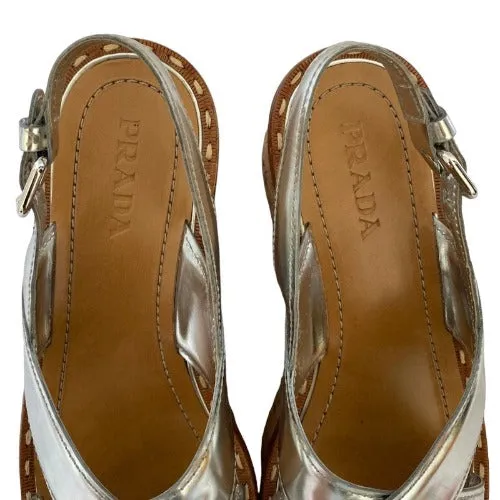 PRADA Silver Crisscross Leather Slingback Flat Cork Wedge Sandals, Size 40
