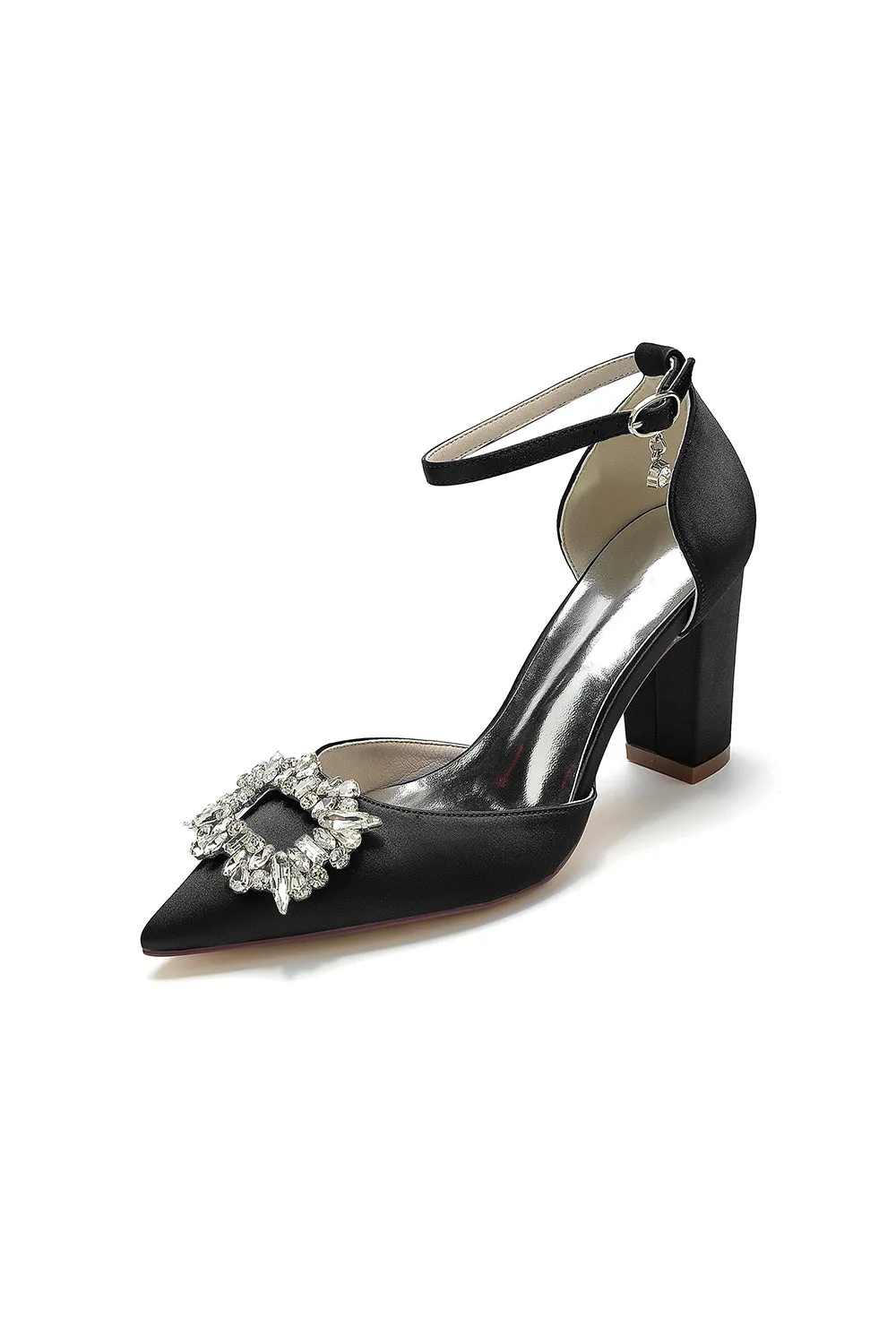 Rhinestone Pointed Toe Ankle Strap Buckle Chunky Heel